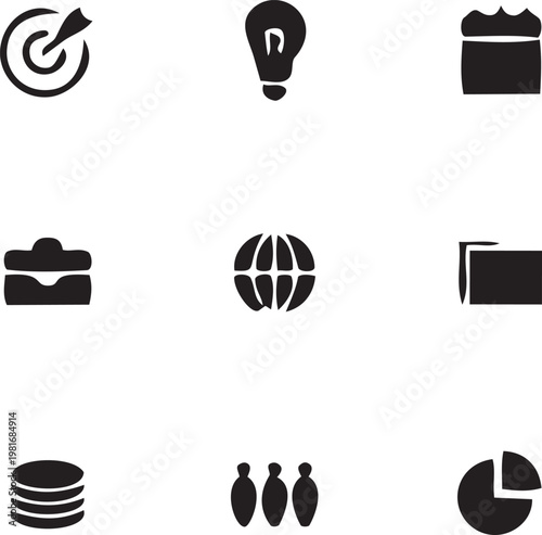 Visionary Icons: A collection of stylized business icons representing concepts like goals, ideas, and global reach, ready to infuse your projects with impactful visual elements.