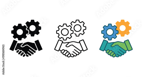 Handshake with gears monochrome outline and colorful versions shown