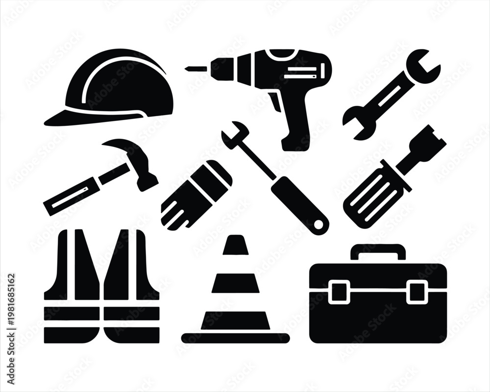 Fototapeta premium Construction and Repair Tools icons set. construction tools and equipment silhouette icons