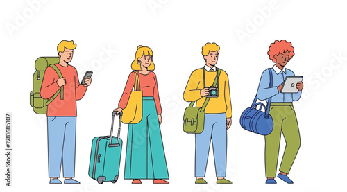A group of travelers standing in a line with luggage and devices