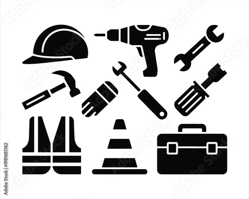 Construction and Repair Tools icons set. construction tools and equipment silhouette icons