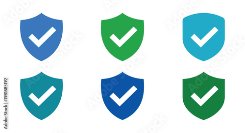 Six colorful shield icons with white checkmarks representing security
