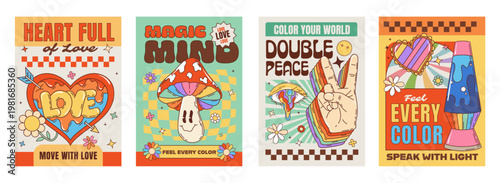 70s groovy hippie characters posters with trippy funny psychedelic mushroom, vector set. Retro groovy posters with cartoon heart and arrow with daisy flower smile and peace sign fingers rainbow