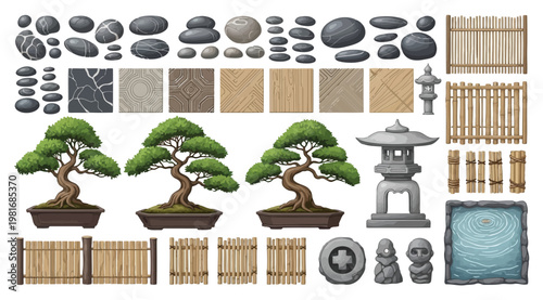 A collection of japanese garden elements including bonsai trees, stones, fences, and decorative structures