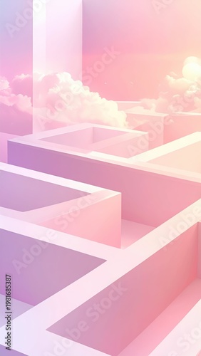 Dreamy pastel maze with floating clouds and soft lighting effects