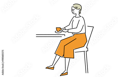 マインドフルなティータイムを過ごす女性の線画イラスト