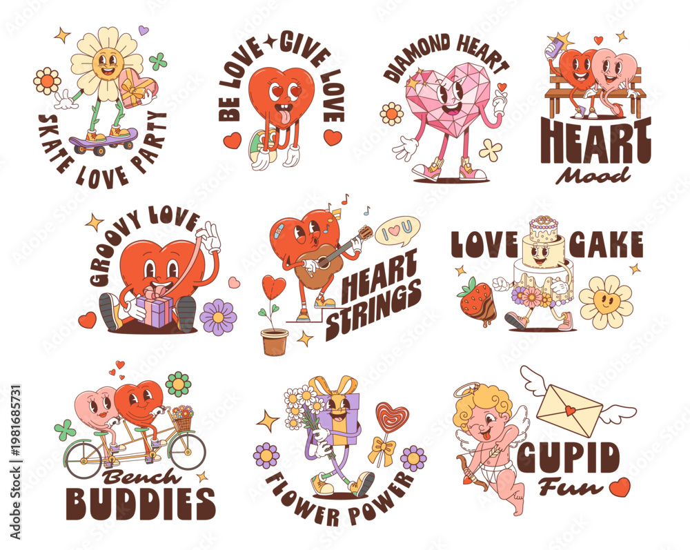 Fototapeta premium Valentine love characters, hippie Y2K groovy stickers with love quotes, vector t shirt prints. Valentine day cartoon groovy stickers with hearts riding bicycle, flower and wedding cake with happy face