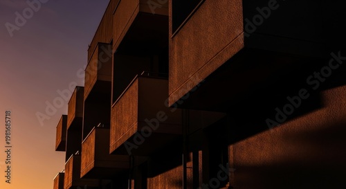 Abstract Brutalist Architecture Showcasing Dramatic Shadows Across Layered Balconies and Facades at Dusk