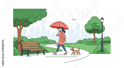 Woman wearing a pink coat and holding a red umbrella while walking her dog along a park path during a rainy day in the city.
