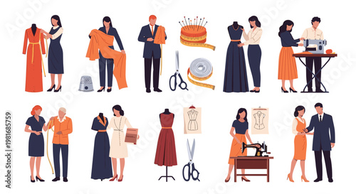 Professional tailors and dressmakers working on various garments using sewing machines, measuring tapes, and fabric in a workshop setting.