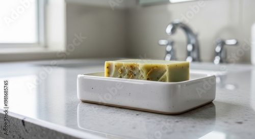 Artisanal Green Soap Bar Resting in a Sleek White Ceramic Dish on a Bathroom Countertop