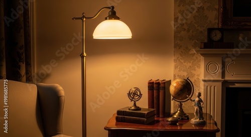 Antique brass floor lamp with opal glass shade casting warm light over vintage decor items