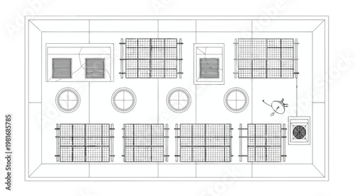 Technical drawing of a detailed industrial floor plan with various equipment and machinery layouts