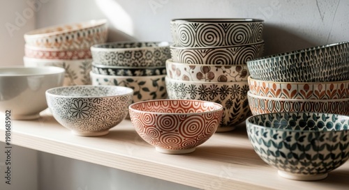 A close-up view of a collection of decorative ceramic bowls with intricate patterns, neatly arranged and displayed on a wooden shelf.