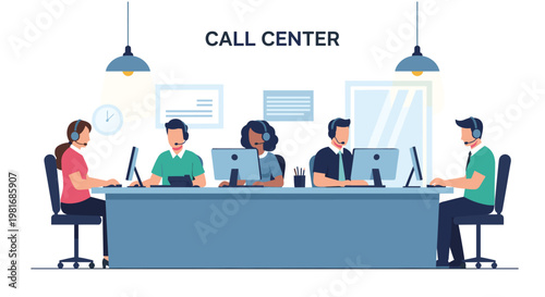 Team of diverse call center agents wearing headsets and working at computers in a professional office environment for customer support.