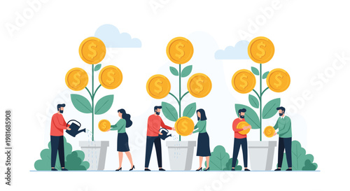 People watering and caring for money plants where gold coins grow like fruits to represent investment and financial growth concepts.
