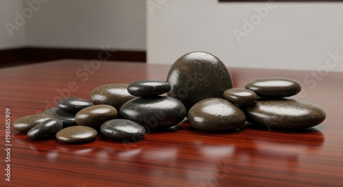 A Collection of Smooth Dark River Stones Arranged on a Wooden Surface