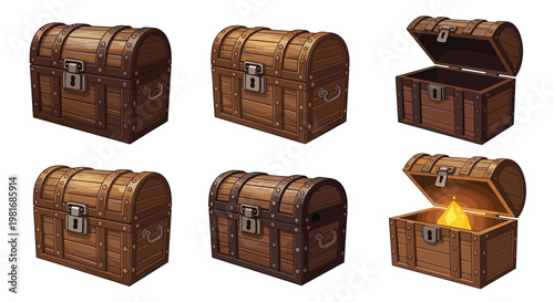 Assortment of wooden treasure chests shown in different states from closed and locked to open with a glowing gold light inside.