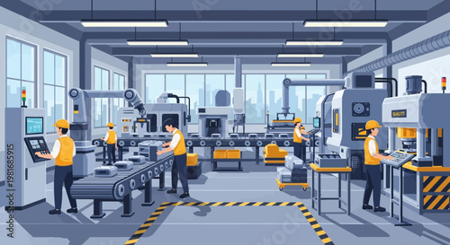 Modern factory floor with robotic arms, assembly line, and workers in a clean, automated production environment.