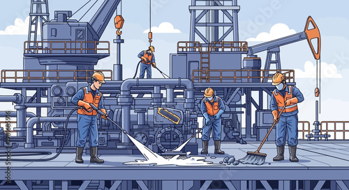 Oil rig workers cleaning industrial platform, offshore oil extraction operations, heavy machinery, pixel art illustration