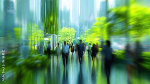 People walking through a modern city park