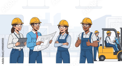 Diverse factory workers in hard hats collaborate on blueprints with forklift in background