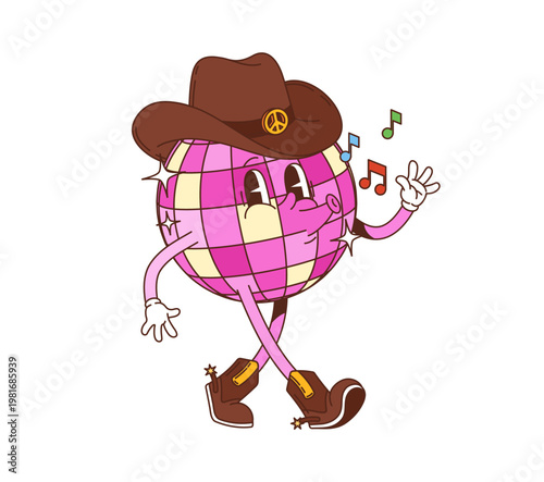 Cartoon groovy disco ball character wearing cowboy hat with peace sign emblem and boots. Retro vector personage walking and listening to music notes with hippie y2k vibe and funky vintage dancing mood