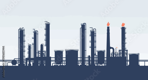 Industrial Oil Refinery Silhouette with Smoking Stacks and Storage Tanks