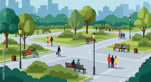 People enjoying a sunny day in a vibrant city park with trees, benches, and pathways.