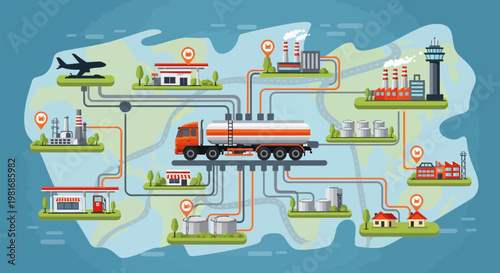 Energy logistics network: Oil truck connecting industrial sites, gas stations, airport, and residential areas.