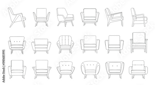 Collection of various chair designs and styles in line art