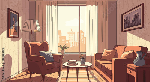 Cozy living room interior bathed in soft sunlight with a comfortable armchair, sofa, coffee table, and city view through the large window.