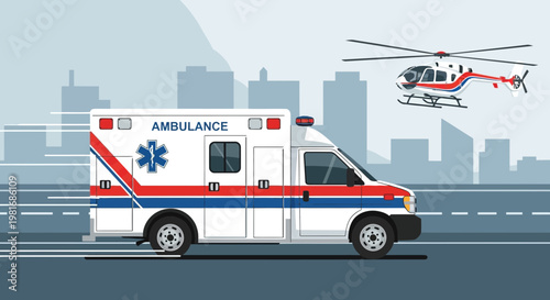 Ambulance and Helicopter Responding to Emergency in City