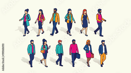 Diverse group of people walking in different directions in business casual attire on a light beige background