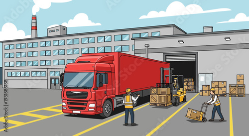 Logistics and Shipping: Truck, Forklift, and Workers Loading Cargo at Warehouse