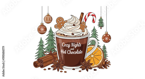 Mug of hot chocolate topped with whipped cream, gingerbread men, and a candy cane surrounded by cinnamon and orange slices.
