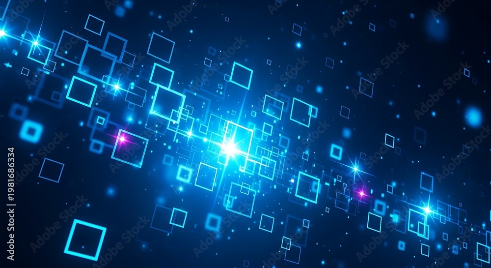 Fototapeta premium Blue background with a network of glowing squares and points, radiating light