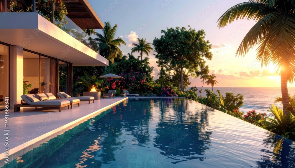 Fototapeta premium Luxury Tropical Villa with Infinity Pool Overlooking Ocean Sunset.