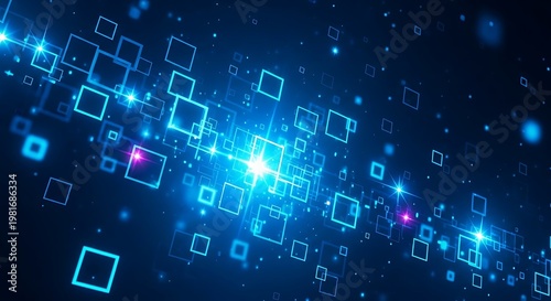 Blue background with a network of glowing squares and points, radiating light