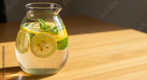 Clear glass carafe filled with refreshing lemon and mint infused water on a wooden table bathed in sunlight