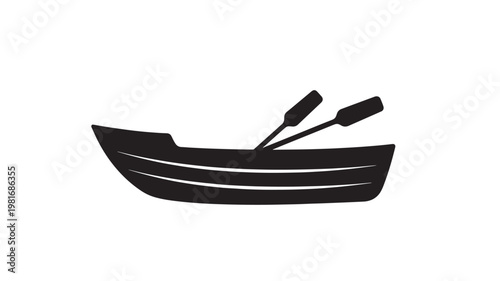 Boat in silhouette with crossed oars icon for water sports and paddling navigation design featuring rowing, waterway, marine with leisure and canoe