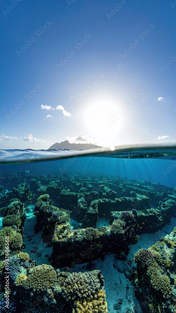Obraz premium Serene Underwater Scene with Coral Reef Beneath Bright Sky