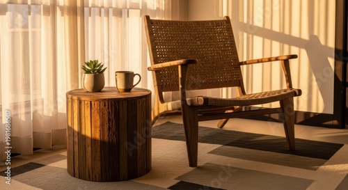 Comfortable woven armchair and wooden side table with plant and mug bathed in warm sunlight indoors