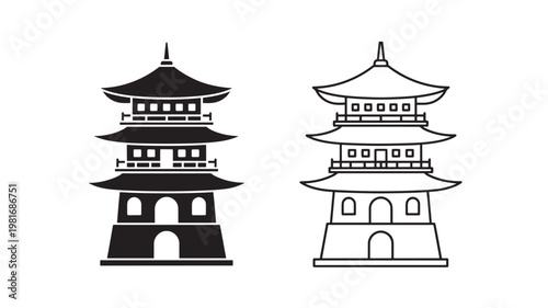 Pagoda temple icon with traditional roof tiers and arched gateway, shown as black line art on white background