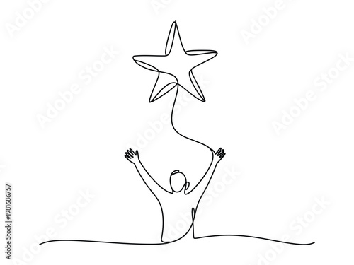 Continuous line drawing of a person holding a star shaped balloon with arms up  symbolizing hope and dreams