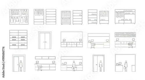 A collection of line drawings depicting various store and closet interior designs with shelving units, counters, and people