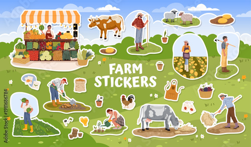 Farmer gardener characters vector stickers. Farmers harvesting potatoes, carrying melon and watering plants. Also includes cow, sheep, chickens, basket of vegetables, watering can, garden tools