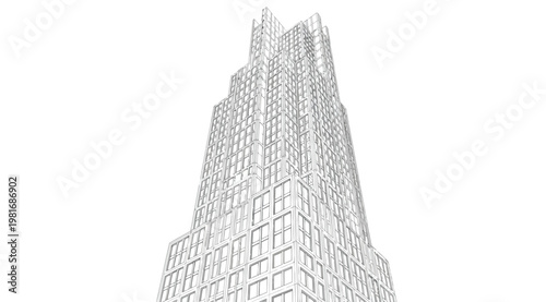 A detailed architectural sketch of a tall building with many windows