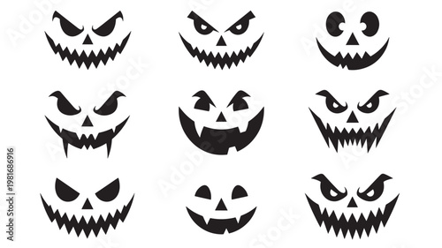 Pumpkin face Halloween icons set with spooky black jagged grins and glowing eye shapes featuring jack-o-lantern, scary, smile with grin and teeth