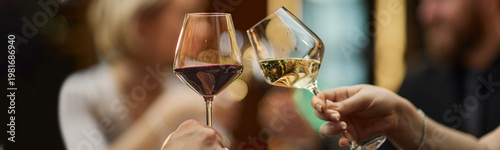 Canvas Print Header of adult hands clinking red and wine glasses during social gathering, signaling celebration and hospitality
